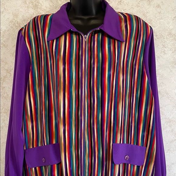 MS Maggie Sweet Zip Up Front Blouse Purple Stripe Elastic Waist Size Large - Picture 1 of 12